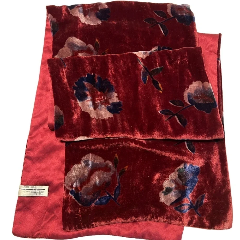 Elaine Gold For Collection XIIX Burgundy Velvet & Silk Floral Scarf ~54”x 10”